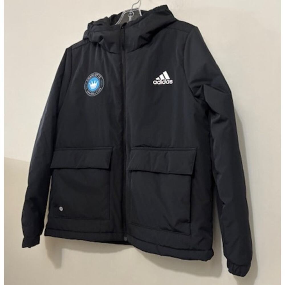 Adidas Stadium Parka Jacket Charlotte FC Soccer Hooded Black Youth Large New